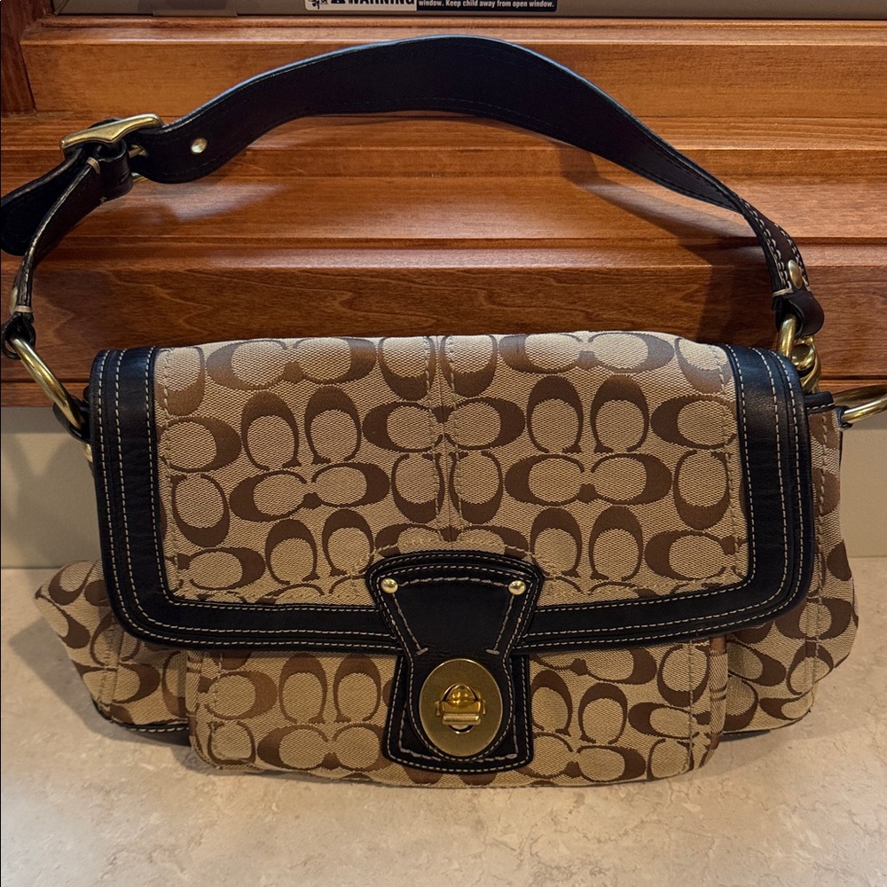 Coach Brown Signature Canvas Shoulder Bag with Black Trim